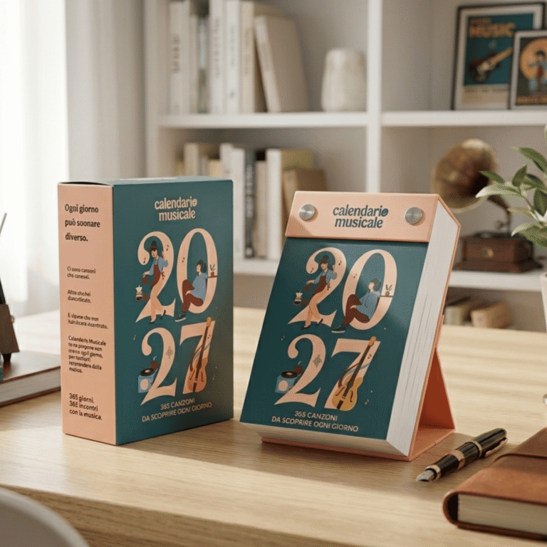 Calendario Musicale 2027 con la copertina illustrata e la confezione su una scrivania
