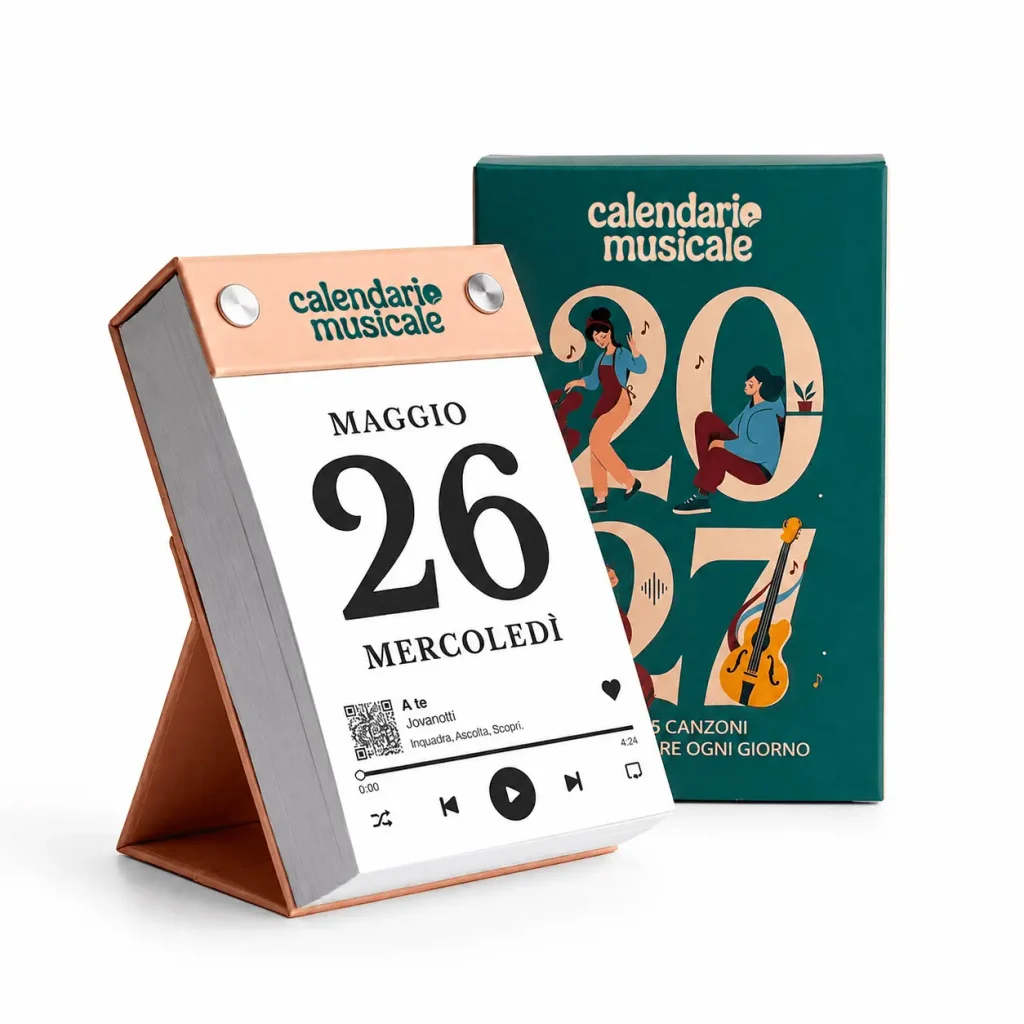 Calendario Musicale 2027 con supporto rosa cipria e confezione verde petrolio