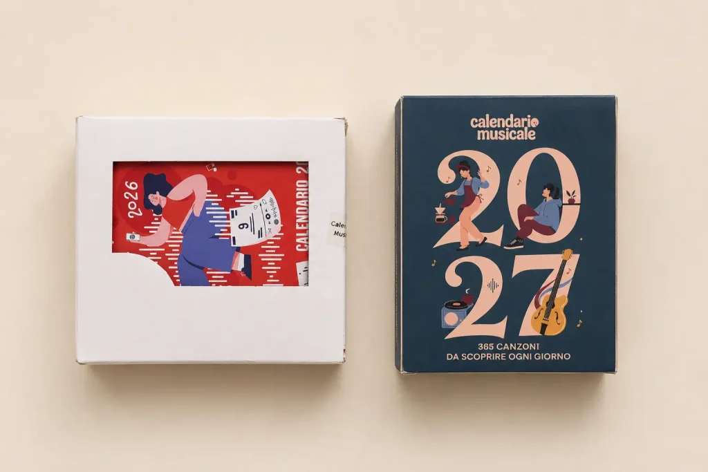 Confronto tra il packaging del Calendario Musicale 2026 e quello del 2027