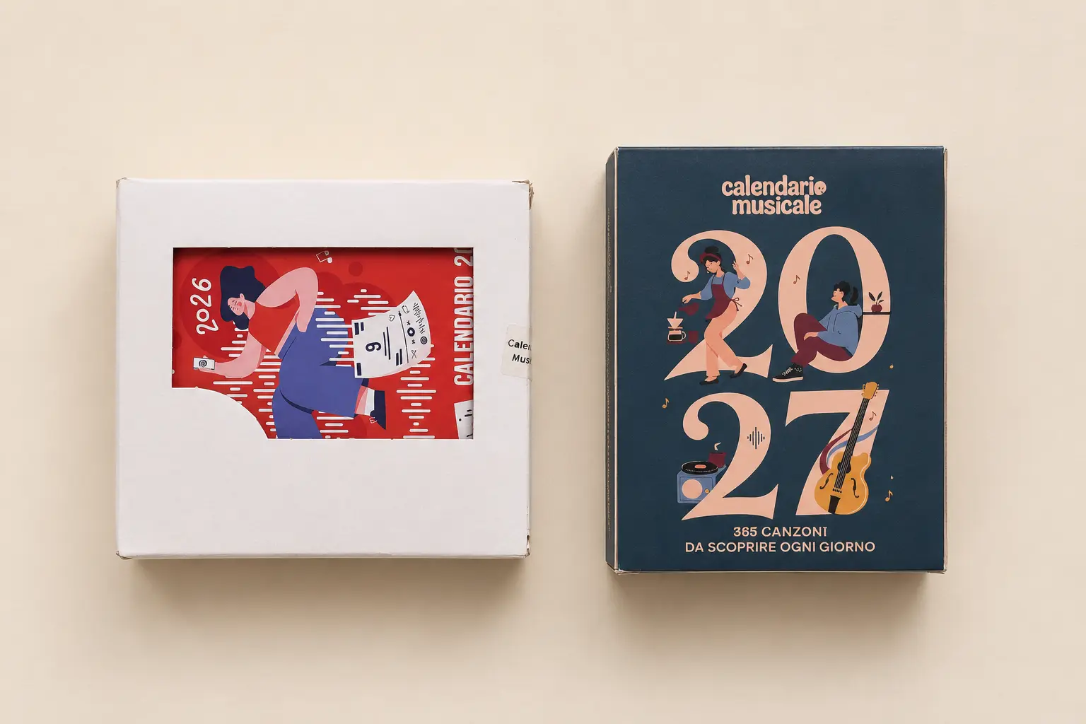 Confezioni regalo del Calendario Musicale 2026 e 2027 a confronto, verde petrolio e rosa cipria