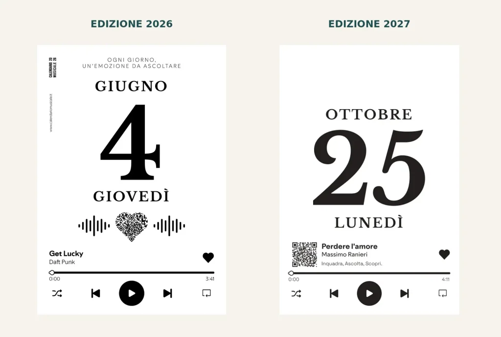 Confronto del design delle pagine del Calendario Musicale 2026 e 2027