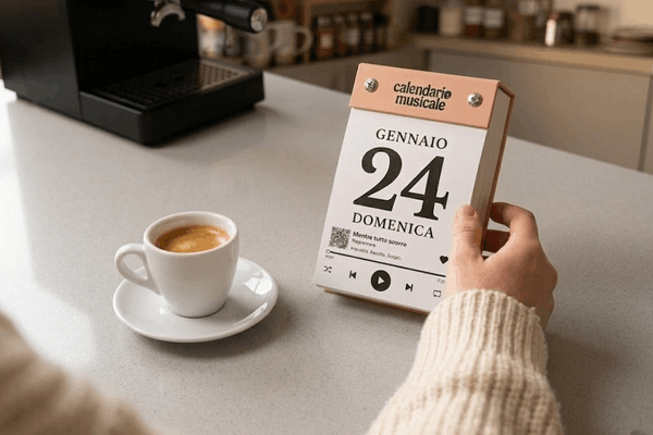 Calendario Musicale 2027 aperto al 24 gennaio accanto a una tazzina di caffè
