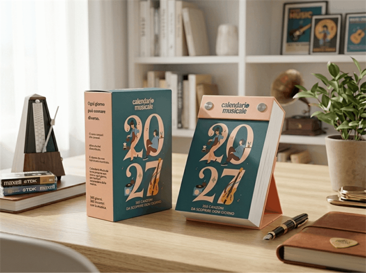 Calendario Musicale 2027 da tavolo accanto alla confezione regalo