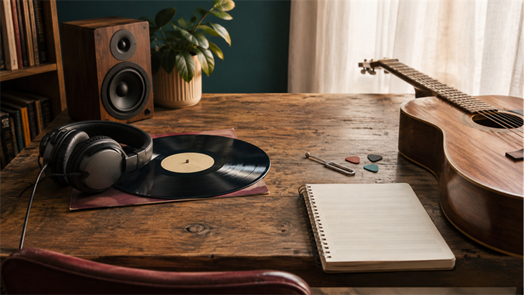 Cuffie e vinile accanto a chitarra e spartito per distinguere ascoltatore e musicista