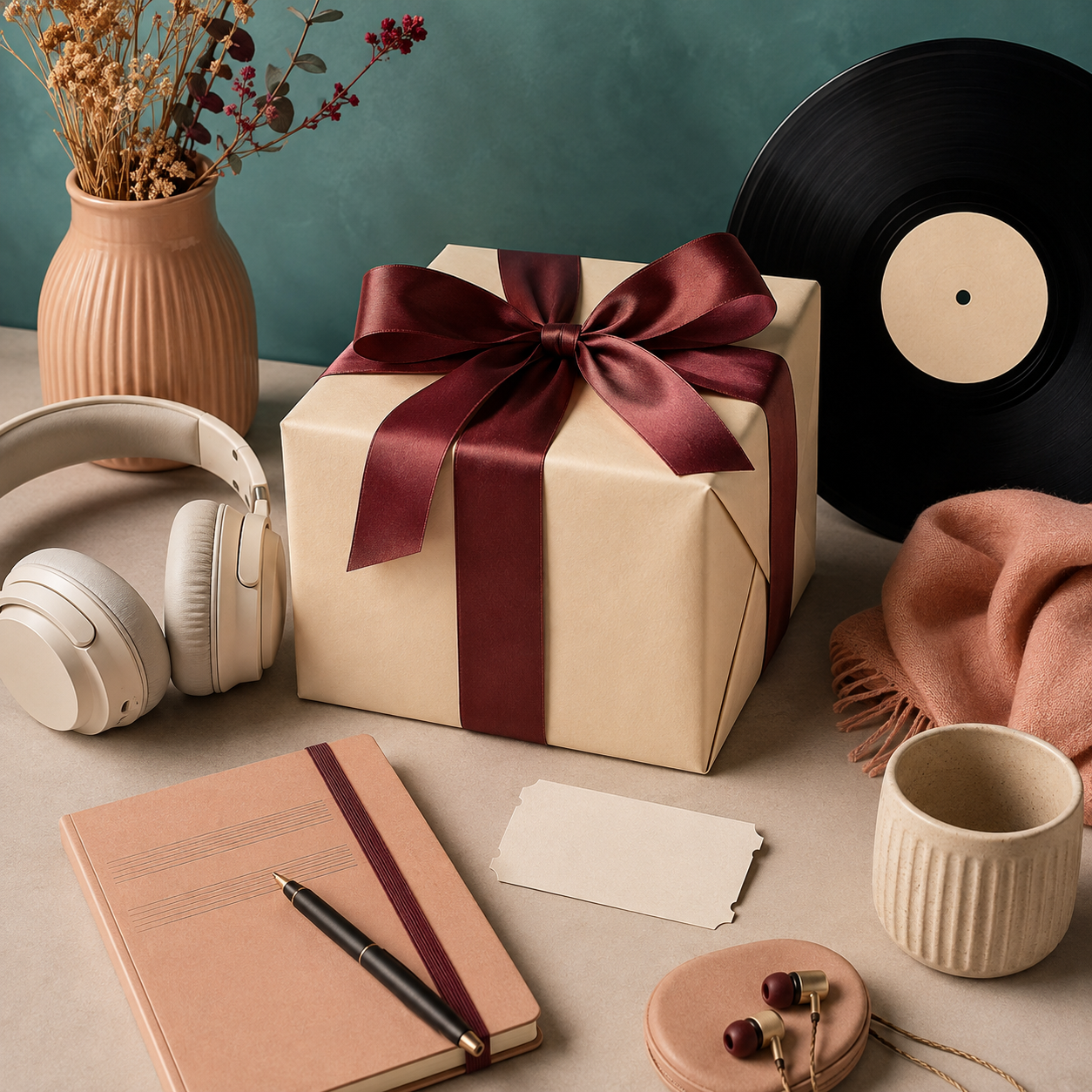 Pacco regalo aperto con piccoli oggetti a tema musicale, idee regalo economiche per chi ama la musica
