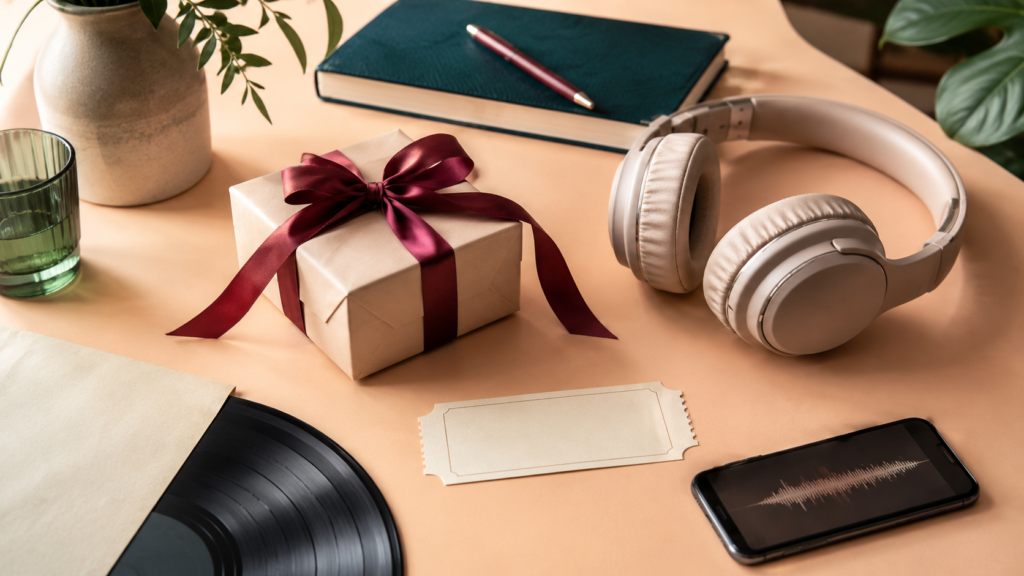 Regali musicali con cuffie, vinile, biglietto e pacco regalo su una scrivania