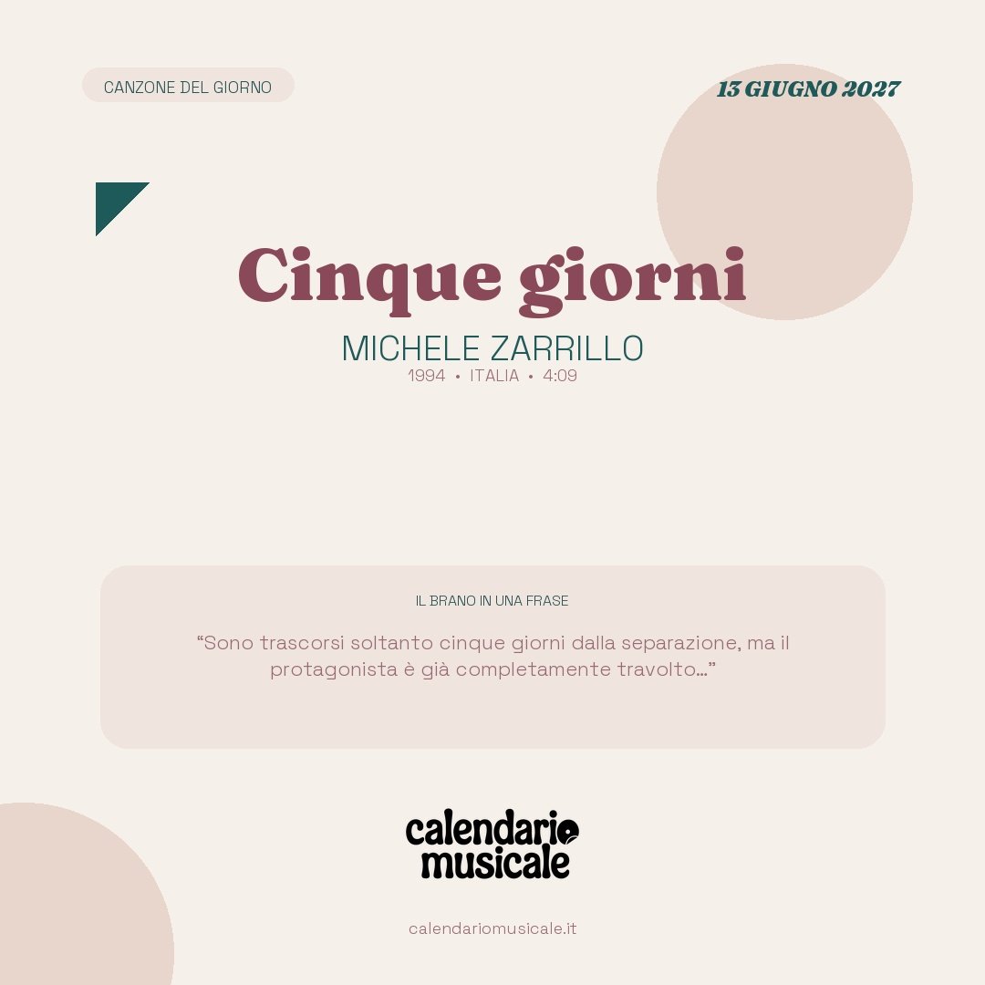 Cinque giorni di Michele Zarrillo, la canzone del giorno